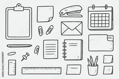 Hand-Drawn Office Supply Doodles in Black and White Sketch Vector Set