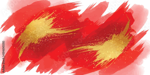 Red and Gold Abstract Watercolor Brush Strokes Background with Splatter Texture