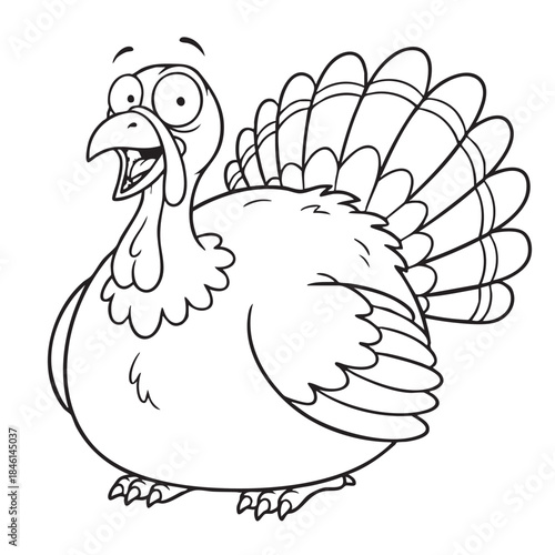 A charming black and white cartoon illustration of a plump turkey with an open beak and feathered tail