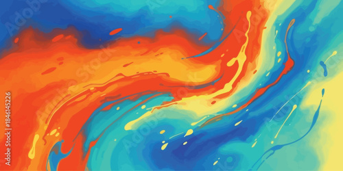 Dynamic Abstract Background of Liquid Paint Swirls Fiery Orange Blue and Yellow Waves Vector Graphic
