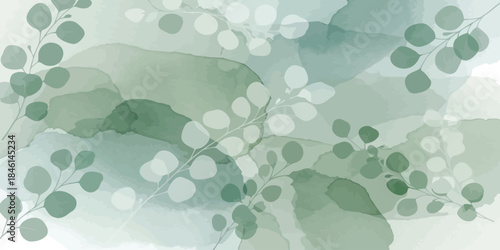 Abstract green watercolor texture background with botanical eucalyptus leaves