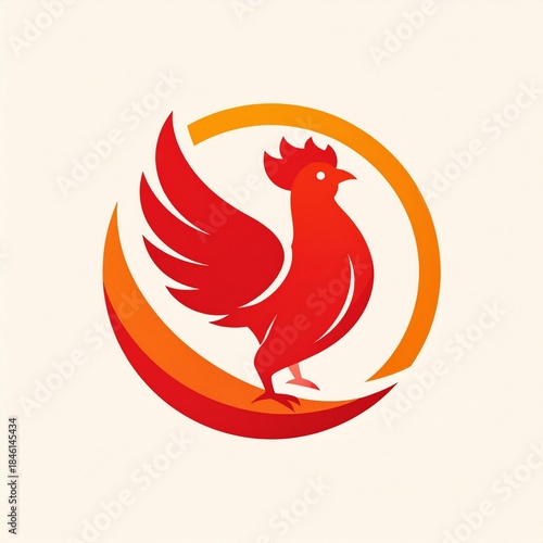 Stylized red rooster logo design with vibrant colors, contained within a dynamic circular orange and yellow gradient frame, representing energy and freshness