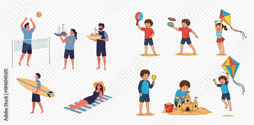 Collection of people enjoying various summer beach activities, including volleyball, surfing, sunbathing, and playing with kites and sandcastles.