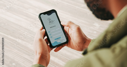 Quadro em tela Pet, sign up and man with phone screen, hands and application for insurance