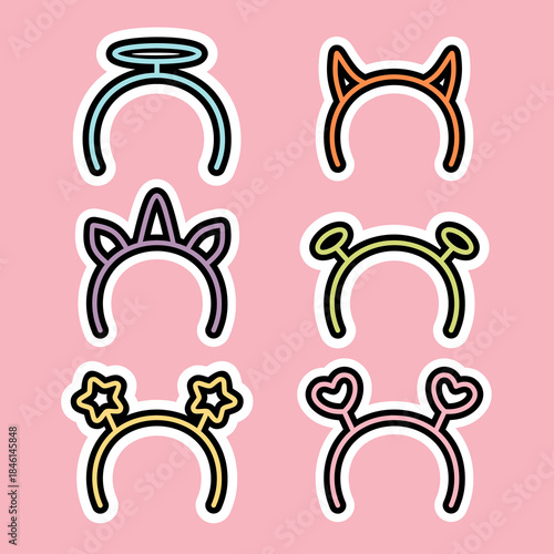 Set of cute headband and hairband characters fashion hand drawn colorful illustration sticker collections