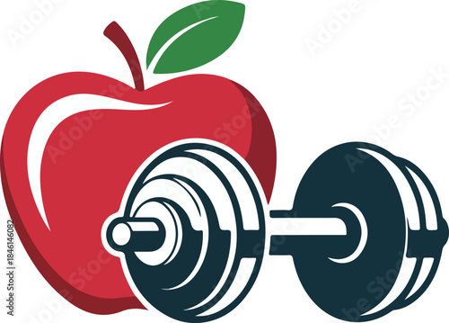 Red apple and dumbbell vector representing healthy lifestyle and physical fitness on a black background