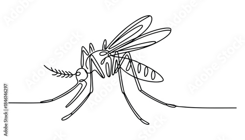 One continuous line illustration of an Mosquito , isolated on white background.