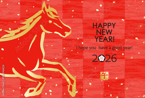 日本の2026年賀状　和紙風市松模様に馬