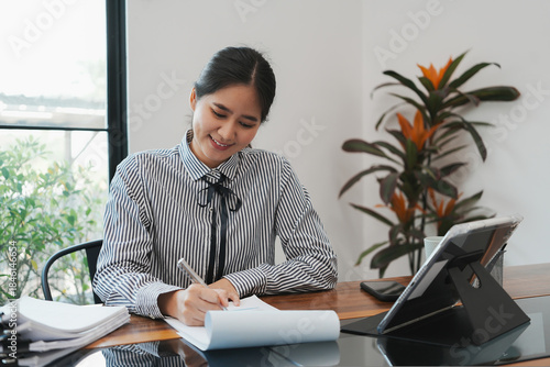 Overjoyed businesswoman happy for successful work.