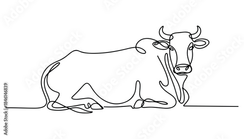 One continuous line illustration of an Indian cow, isolated on white background.