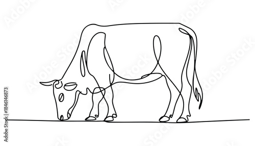 One continuous line illustration of an Indian cow, isolated on white background.