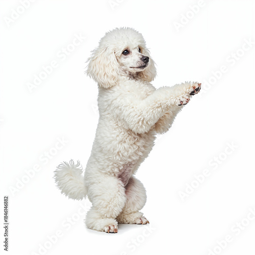 Happy, smiling, smart dog, purebred Toy Poodle sitting and giving paw isolated on white background. Concept of animals, domestic pet, care, vet, joy and fun, pet friend.