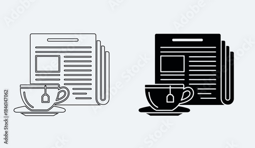 Newspapers and coffee cups in black and white illustration