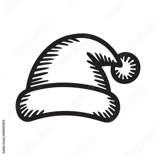 A black and white line art illustration of a festive santa hat with a pompom and a fluffy brim