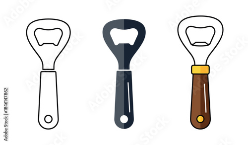 Three different types of metal bottle openers