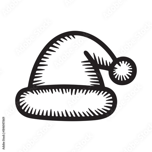 Simple black and white line art illustration of a santa hat with a fluffy pom-pom and brim