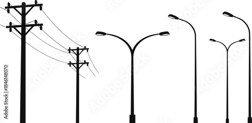 “Vector illustration of street light poles and electrical utility poles with wires, urban infrastructure silhouette design for city lighting, power distribution, engineering and construction use”