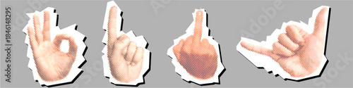 Set of hand pose Halftone Dotted Collage Element Pointillize in Paper Torn vector for modern art. Ideal for unique gestures and abstract layouts.