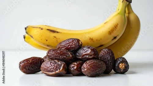 Bunch of ripe yellow bananas and pile of dried dates on a white surface.