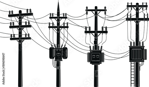  Electric utility poles illustration, power distribution lines artwork, high voltage infrastructure vector, grid network design, detailed energy transmission drawing for technical and industrial use