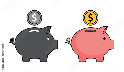 Two cartoon piggy banks with coins on top