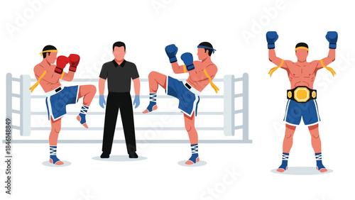 Boxing Match with Female Athletes and Male Referee in a Ring