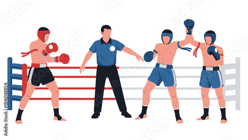 Dynamic Boxing Match Scene with Athletes in Action and Referee
