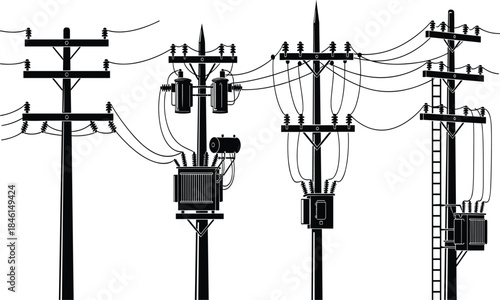 Illustration of power utility poles with transformers, electrical wires, high voltage equipment, grid infrastructure, distribution lines, and urban energy systems in detailed vector style