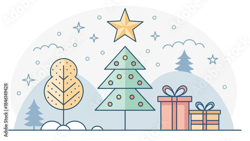 Festive Christmas scene with decorated tree and gifts in winter wonderland