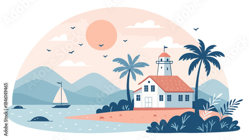 Serene tropical island getaway with lighthouse and sailboat