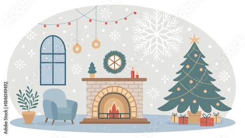 Cozy winter living room with Christmas tree and fireplace decorations