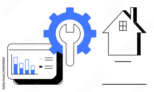 Property management, data analytics, house renovation, repair tools, real estate, home services. Wrench inside a gear, data charts and a house icon. Property management and data analytics concept