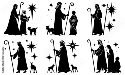 Biblical shepherds with staffs and sheep under stars with transparent background