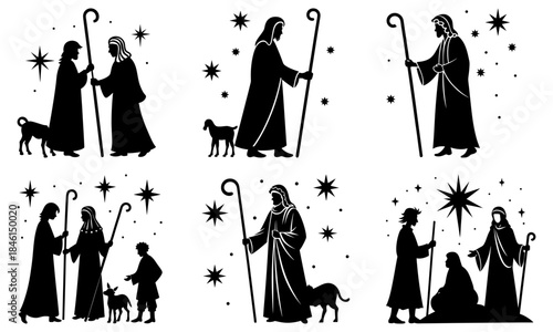 Biblical Nativity Scene Silhouettes with Stars and Shepherds on White Background