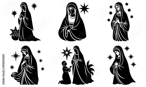 Black and white silhouette of religious figures with stars on white background woman