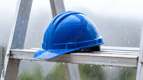 A blue hard hat resting on a ladder, wet from rain, symbolizing safety in construction and industrial work.