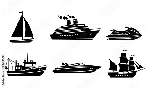 Collection of various boats and ships in black silhouette