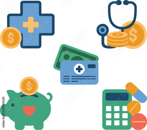Vector set of five icons representing healthcare costs medical insurance and savings on white background