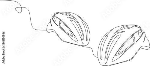 Continuous one-line drawing of two stylized bicycle helmets or cycling helmets, showcasing their aerodynamic and ventilated design.