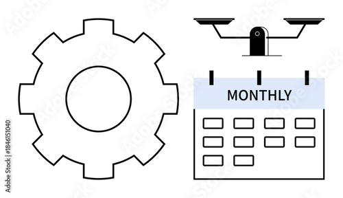Automation, productivity, time management, financial operations, task scheduling, planning tools. Gear, calendar labeled monthly and scales symbol. Automation and productivity for task scheduling