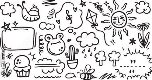 Hand drawn doodle vector set. Collection of cute hand drawn doodle line art black and white vector art and illustration 