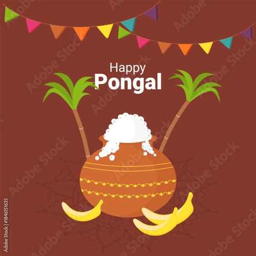 Pongal banner. Poster with a pot of rice, bananas, flags, and sugarcane. Vector image.