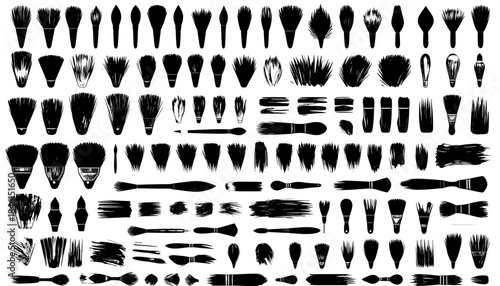 Collection of Black Paint Brush Stroke Silhouettes on White.