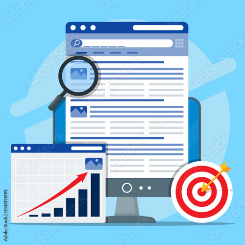 SEO and digital marketing analytics illustration showing website analysis, search optimization, growth charts, and target achievement on computer screens.