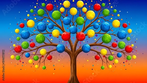 Fototapeta Naklejka Na Ścianę i Meble -  A tree with colorful spherical fruits in blue yellow red and green against a blue and orange sky