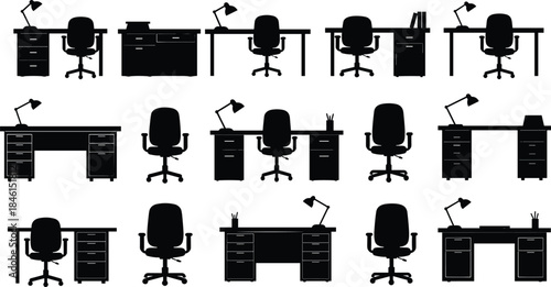 Silhouette collection of office desks and chairs with lamps and accessories, business workplace furniture vector illustration, modern workspace interior design