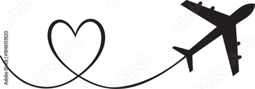 Black silhouette of airplane flying with heart shaped trail on