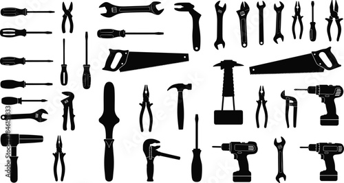 Silhouette collection of hand tools and power tools vector illustration, black icon set for construction, repair, workshop, maintenance, and industrial design projects