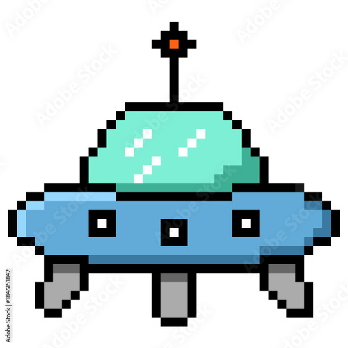 Pixel UFO vector for sci-fi games and alien themes. Ideal for symbolizing extraterrestrial life, space invasion, and retro technology art.