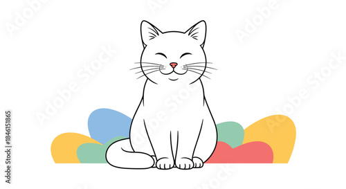 Cute white cat with a happy smile sitting in front of a colorful abstract background in a simple line art illustration.
